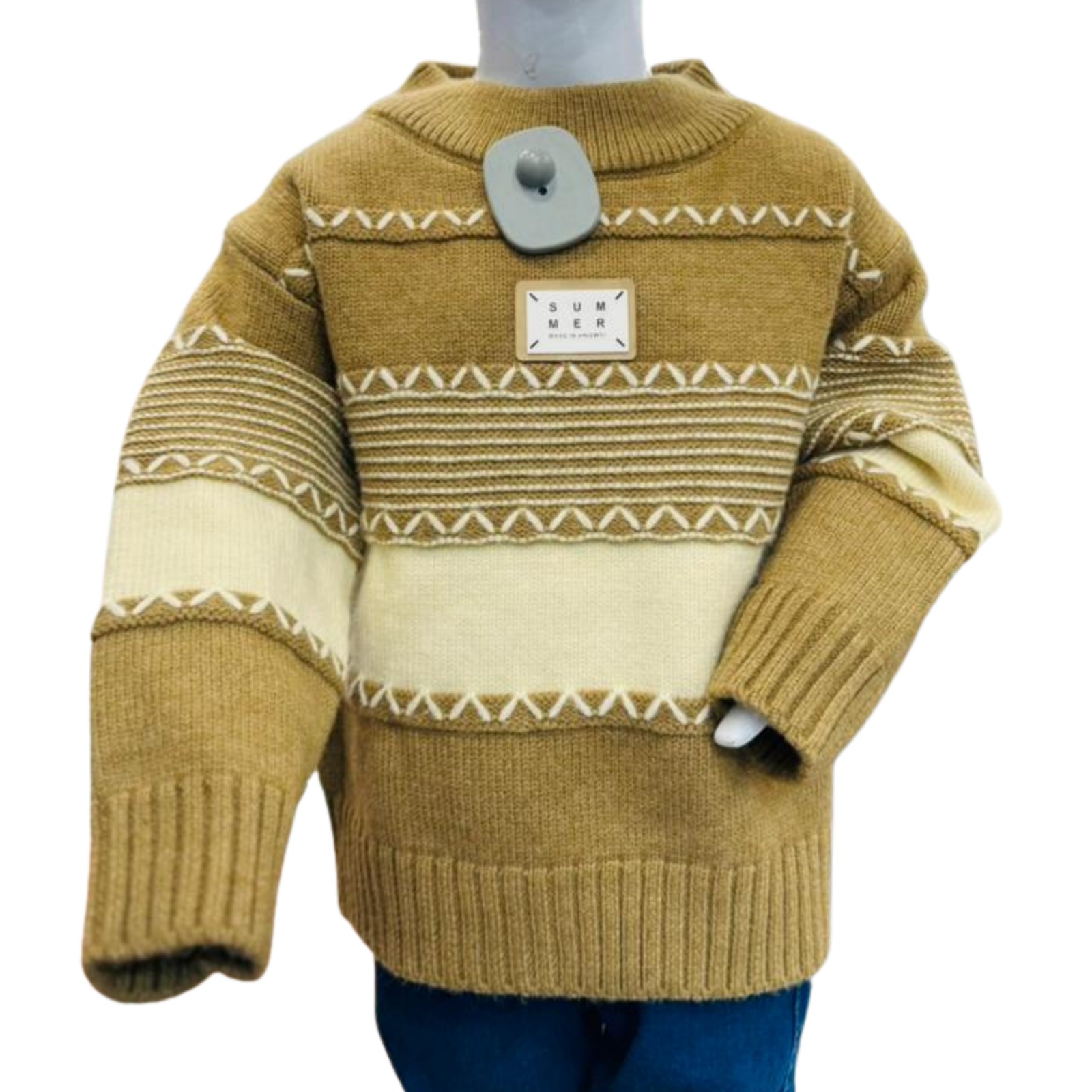 Kids Brown & Beige Patterned Winter Sweater with Blue Pants - Image 2
