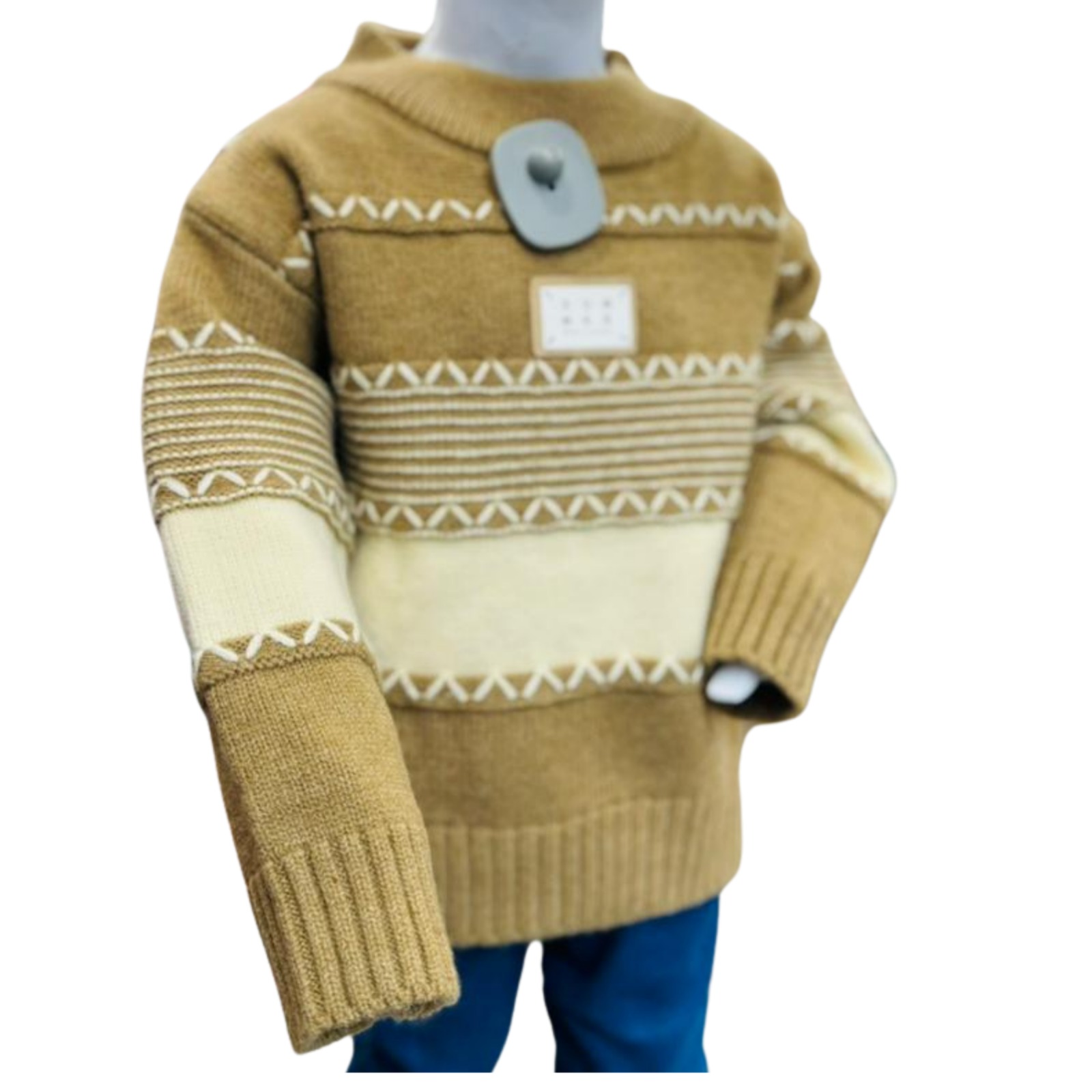 Kids Brown & Beige Patterned Winter Sweater with Blue Pants - Image 3
