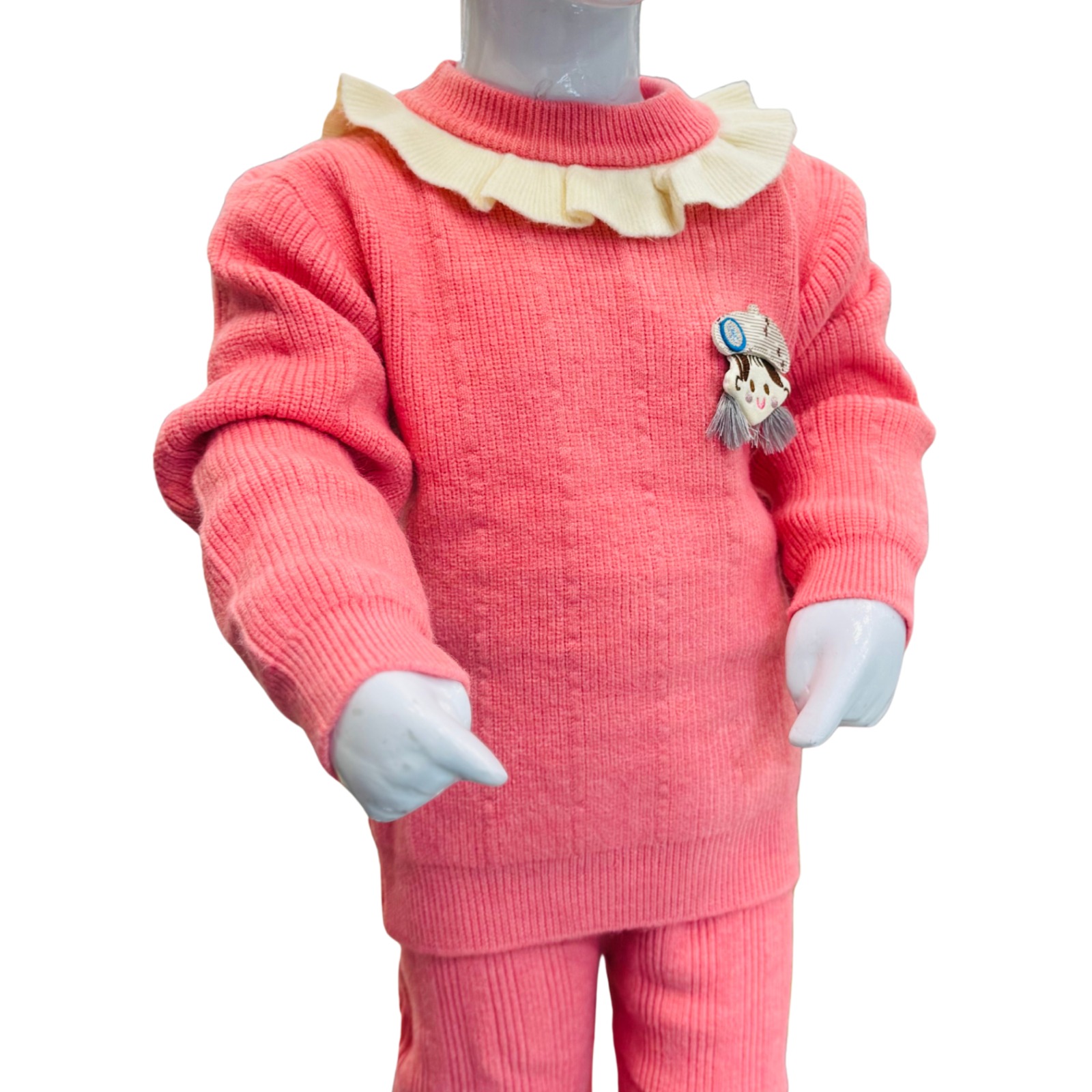 Girls Pink Knitted Winter Sweater & Pants Set with Frill Collar - Image 3