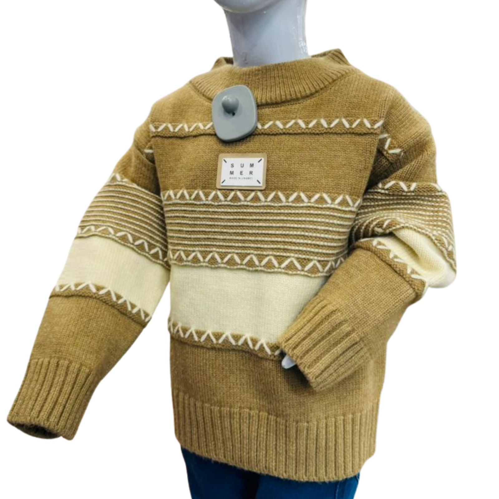 Kids Brown & Beige Patterned Winter Sweater with Blue Pants - Image 4