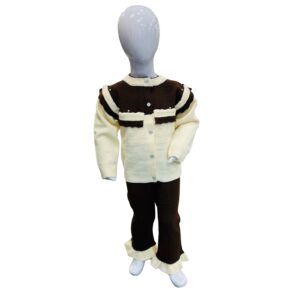 Girls Cream & Brown Knitted Winter Cardigan Set with Ruffle Pants