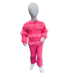 Girls Hot Pink Knitted Winter Sweater Set with Feather Detail