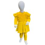 Girls Mustard Yellow Knitted Winter Dress Set with Pearl Detail