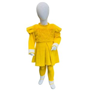 Girls Mustard Yellow Knitted Winter Dress Set with Pearl Detail