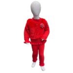 Girls Red Fur Style Winter Cardigan Set with Floral Pearl Brooch