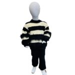 Girls Black & Cream Striped Winter Sweater Set with Fur Detail