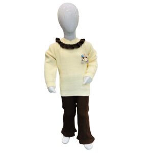 Girls Cream Winter Sweater Set with Brown Ruffle Collar