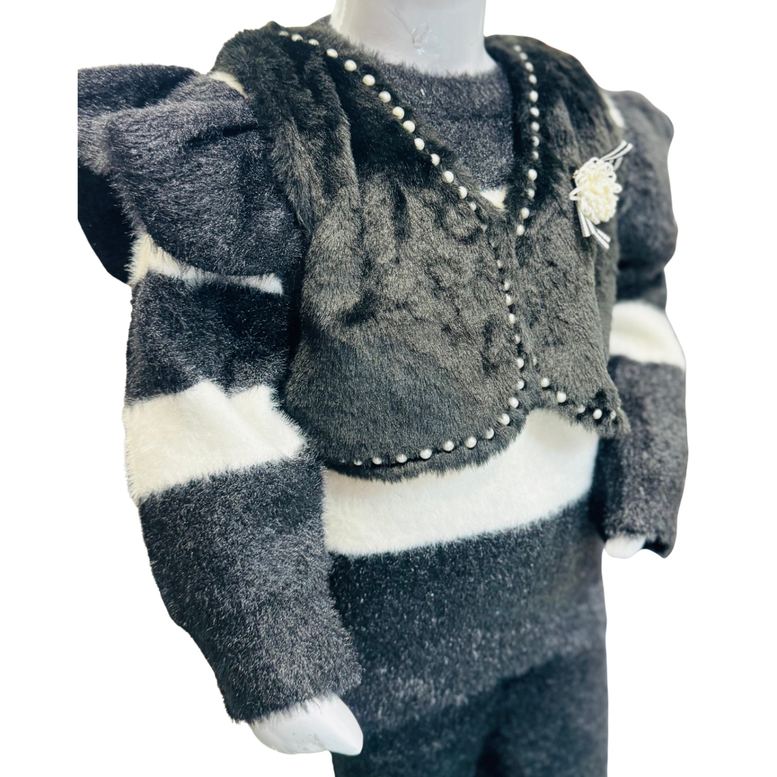 Girls Black & White Winter Sweater Set with Faux Fur Jacket - Image 2