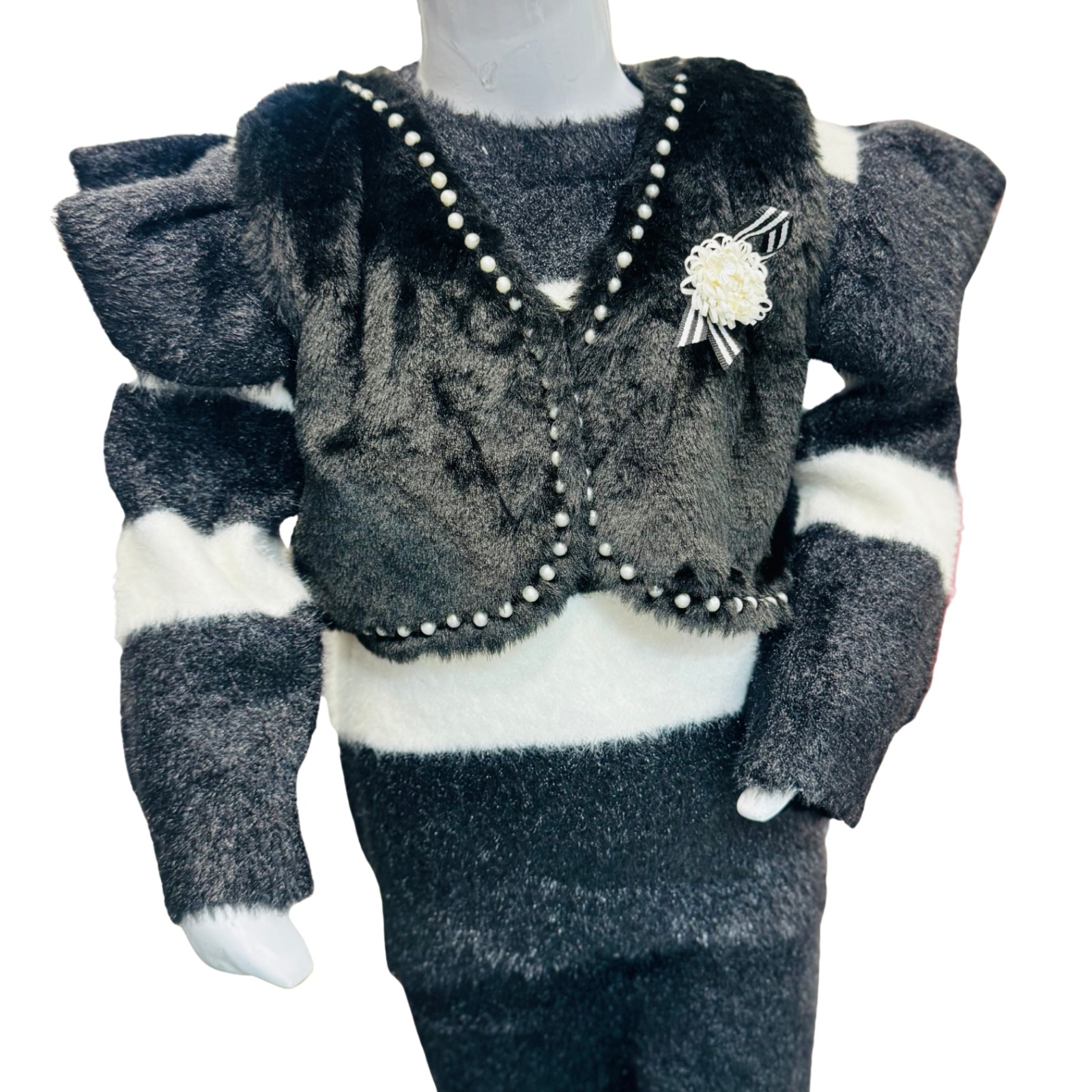 Girls Black & White Winter Sweater Set with Faux Fur Jacket - Image 3