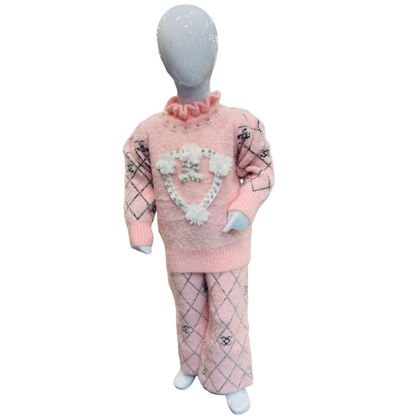 Girls Pink Winter Sweater Set with Heart Design & Pearl Detailing