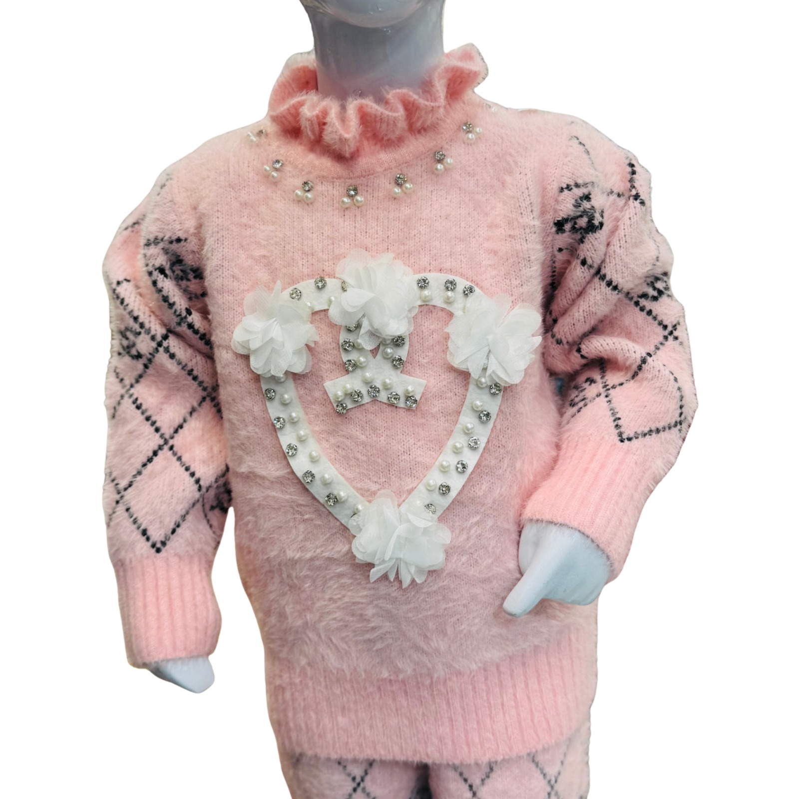 Girls Pink Winter Sweater Set with Heart Design & Pearl Detailing - Image 2