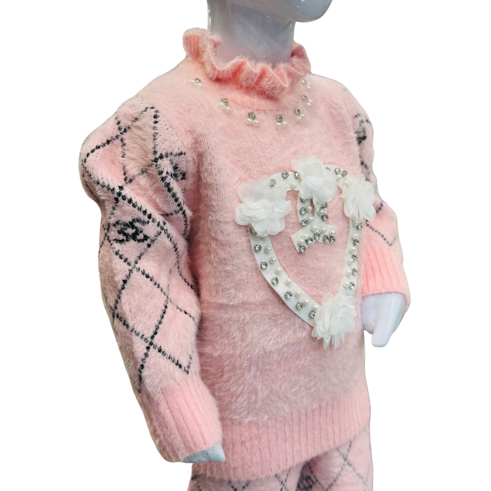 Girls Pink Winter Sweater Set with Heart Design & Pearl Detailing - Image 3