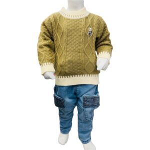 Boys Winter Cable Knit Sweater & Denim Jeans Set – Olive Green