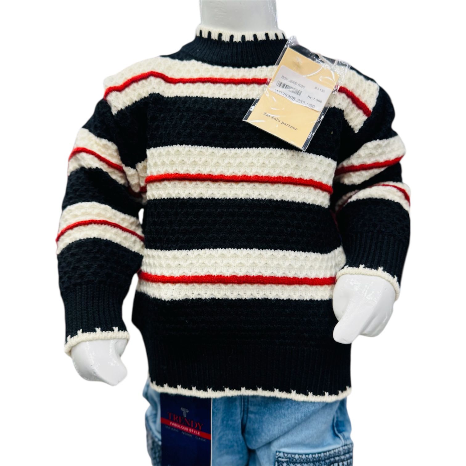 Boys Winter Striped Knitted Sweater & Denim Jeans Set – Black - Image 2