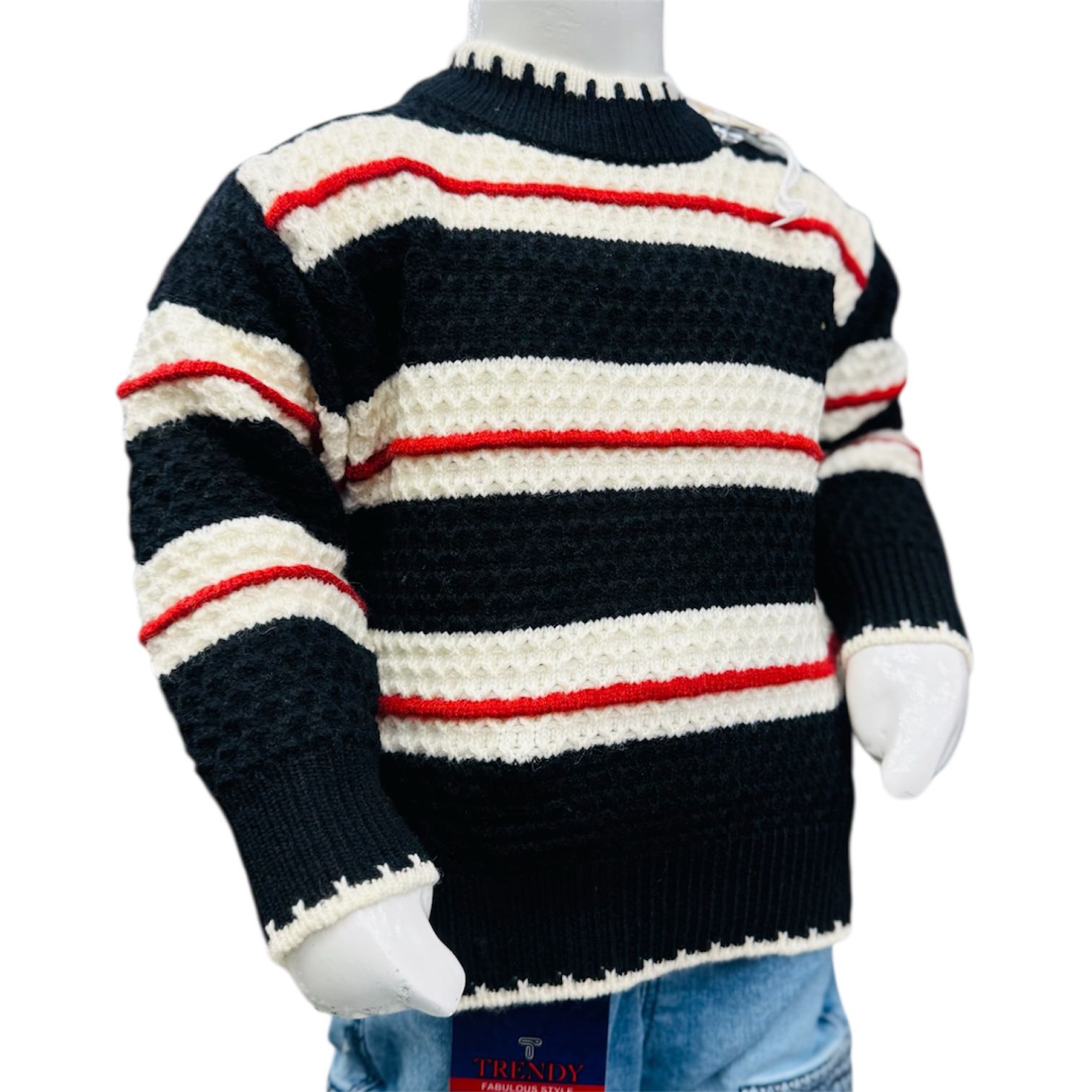 Boys Winter Striped Knitted Sweater & Denim Jeans Set – Black - Image 3