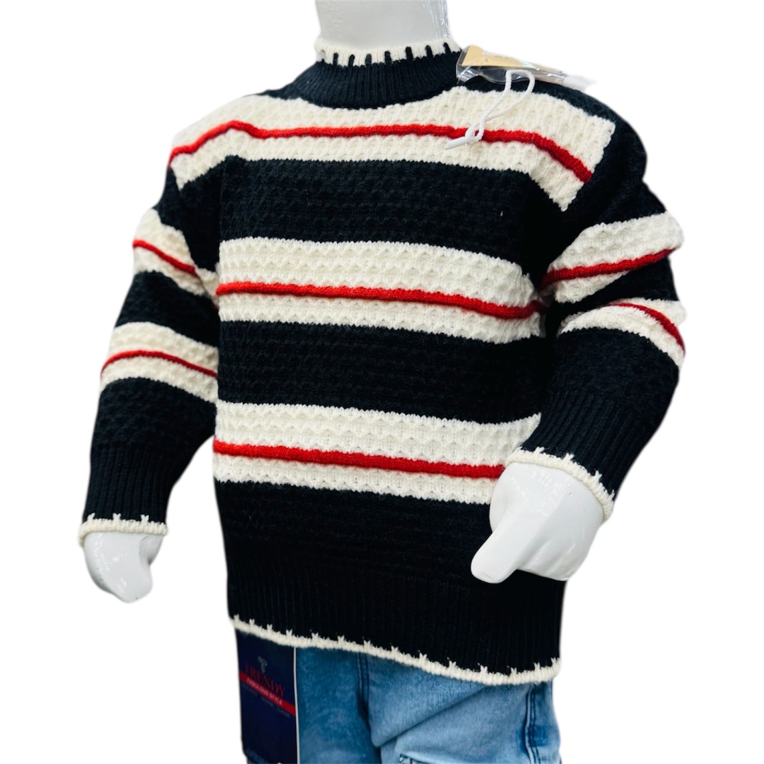 Boys Winter Striped Knitted Sweater & Denim Jeans Set – Black - Image 4