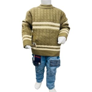 Boys Winter Cable Knit Sweater & Denim Jeans Set – Olive Brown