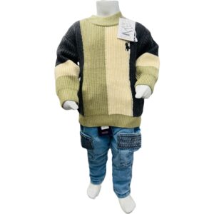 Boys Winter Color Block Knitted Sweater & Denim Jeans Set – Green & Black