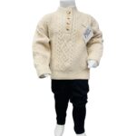 Boys Winter Cable Knit Button Sweater & Trouser Set – Cream