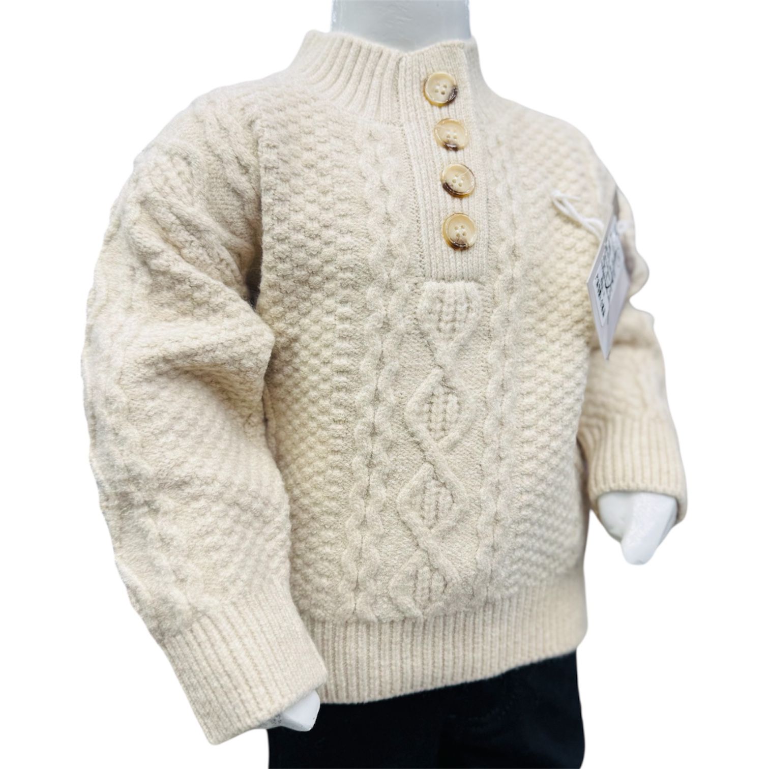 Boys Winter Cable Knit Button Sweater & Trouser Set – Cream - Image 3