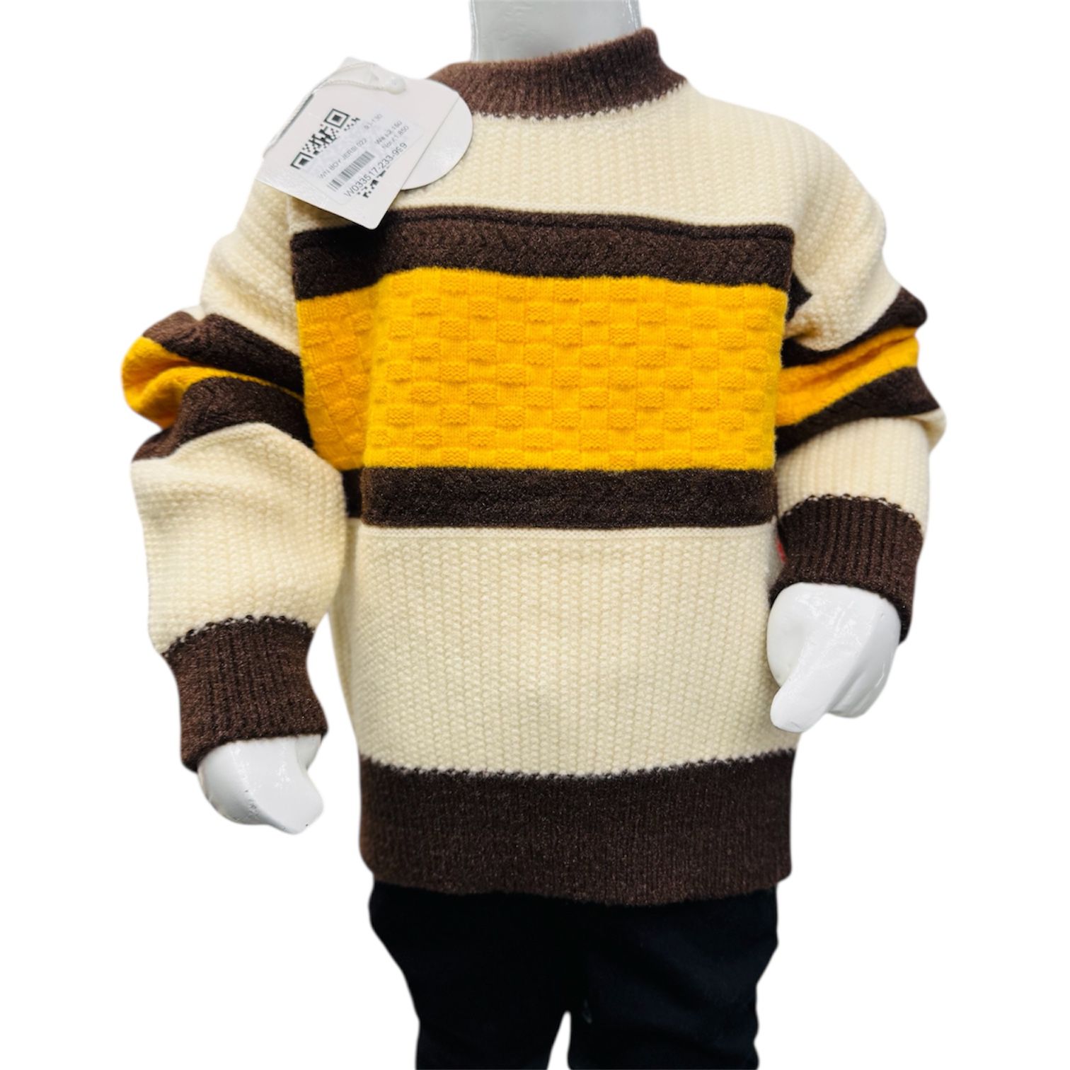 Boys Winter Striped Knitted Sweater & Trouser Set – Cream Brown Yellow - Image 2