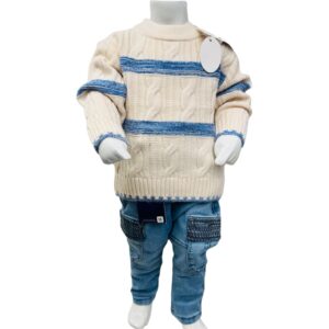 Boys Winter Cable Knit Sweater & Denim Jeans Set – Cream Blue
