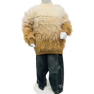 Girls Winter Faux Fur Sweater & Denim Jeans Set – Beige & Brown