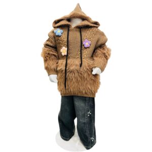 Girls Hooded Faux Fur Knit Sweater & Denim Jeans Set – Brown