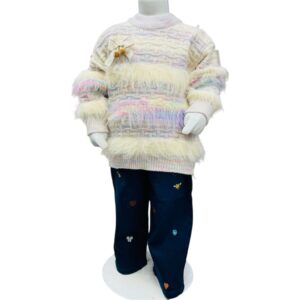 Girls Rainbow Furry Knit Sweater with Printed Pants Set – Cream & Navy
