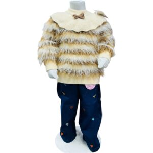 Girls Winter Furry Sweater with Printed Pants Set – Beige & Navy