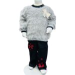 Girls Winter Furry Sweater & Printed Pants Set – Grey