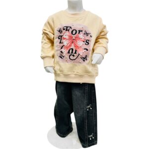 Girls Winter Printed Sweatshirt & Denim Pants Set – Cream Yellow
