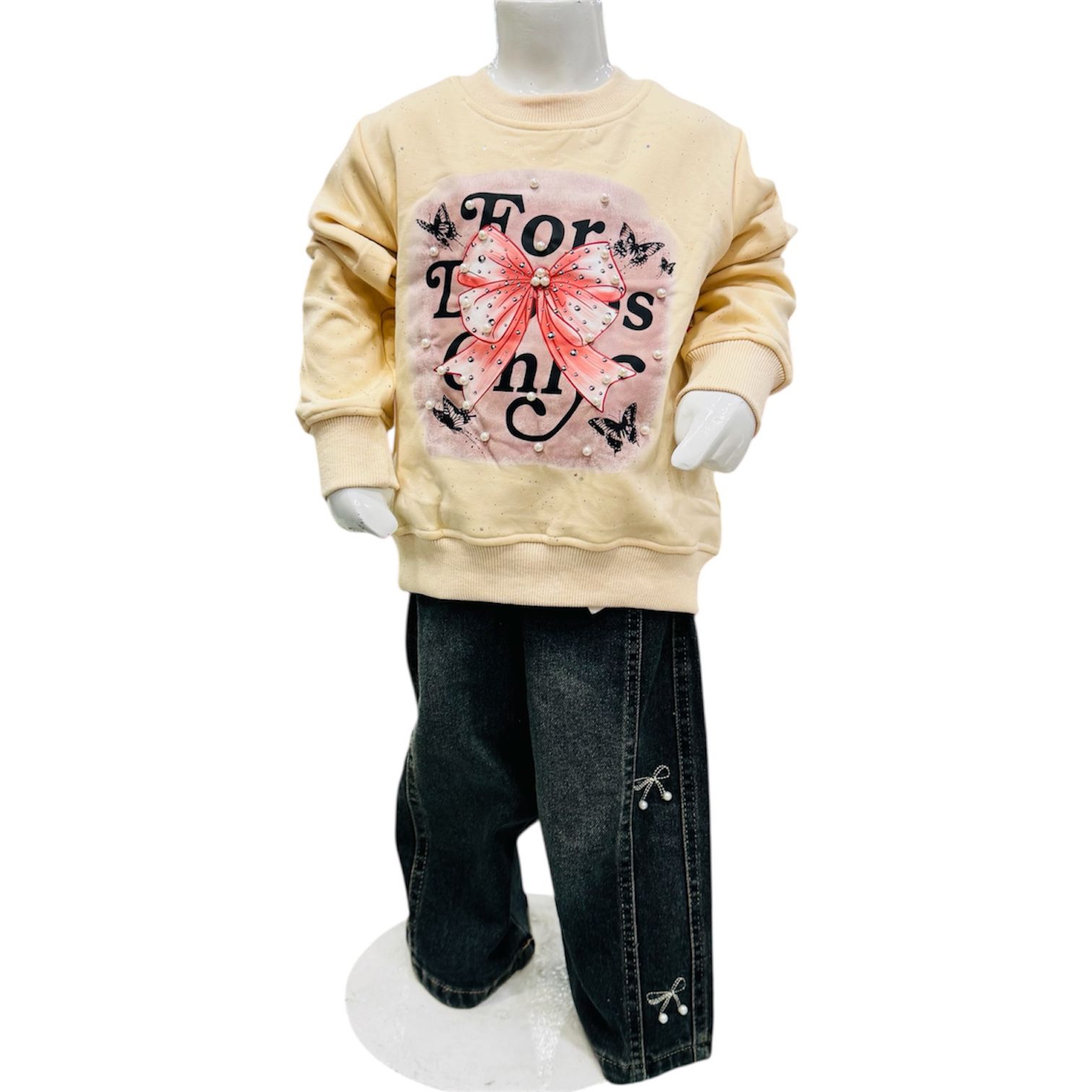 Girls Winter Printed Sweatshirt & Denim Pants Set – Cream Yellow