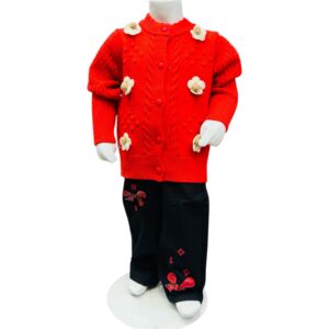 Girls Winter Knitted Cardigan & Pants Set – Floral Button Design