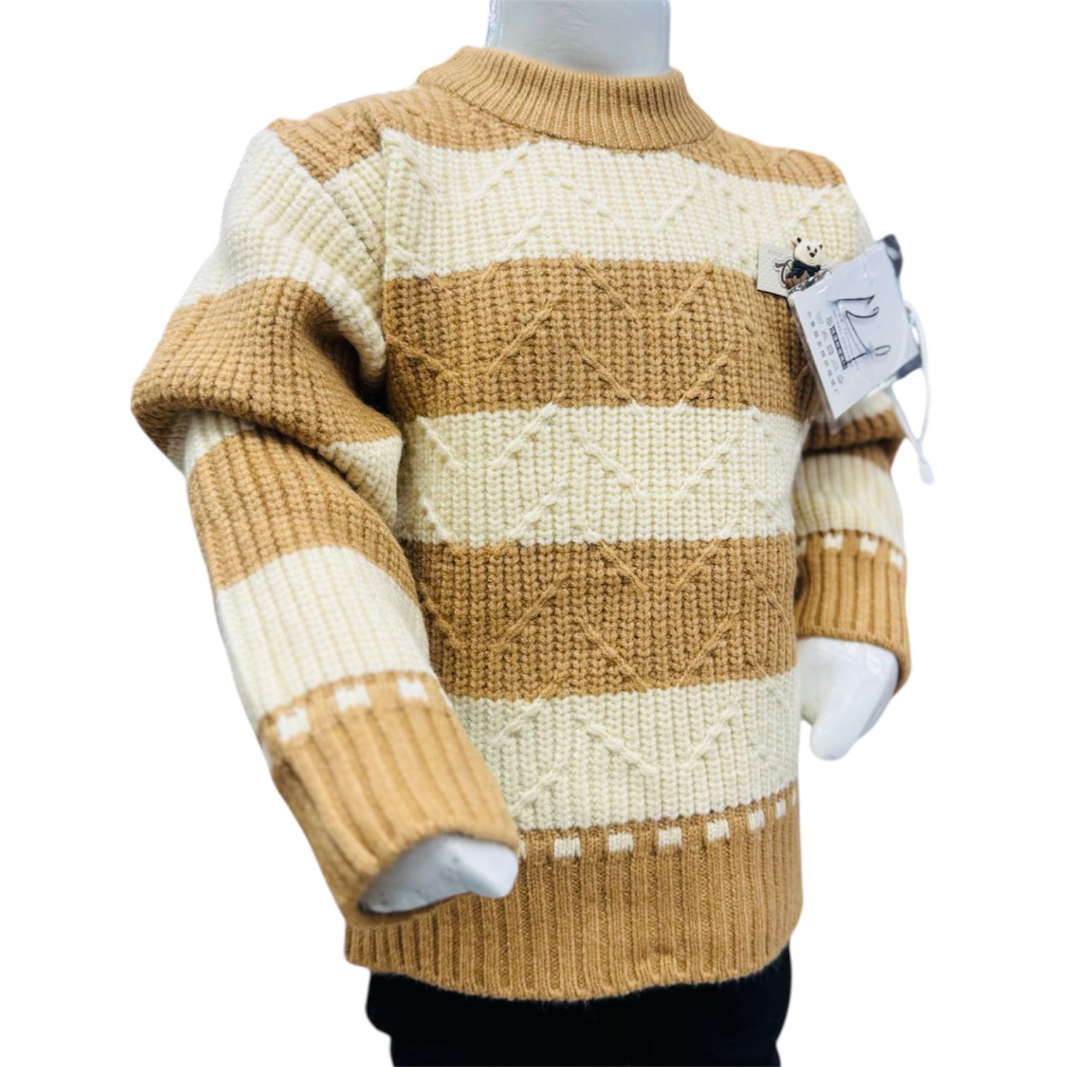 Boys Winter Knitted Sweater & Pants Set – Beige & Brown Striped Design - Image 3