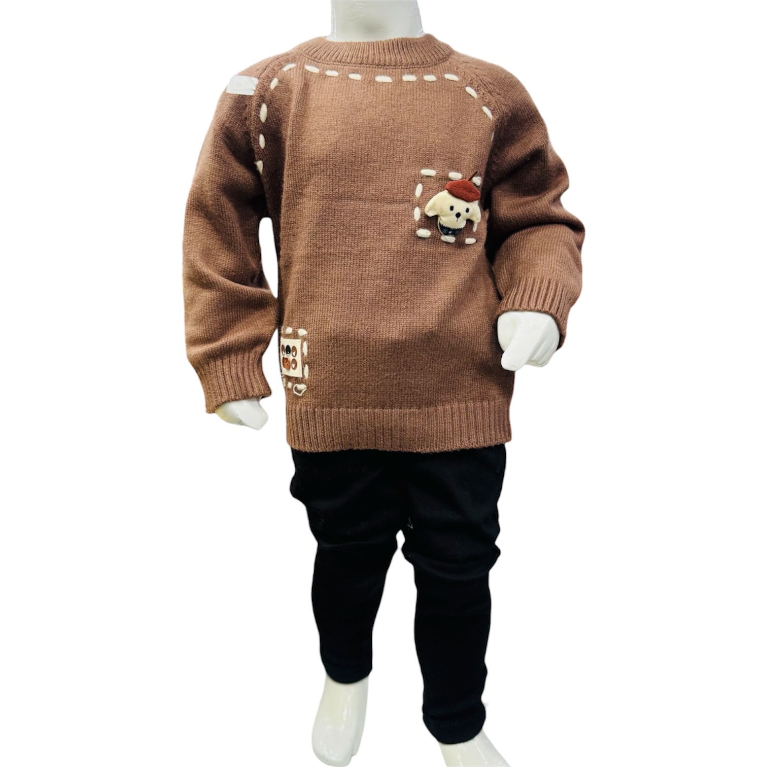 Boys Winter Knitted Sweater & Pants Set – Brown Bear Patch Design
