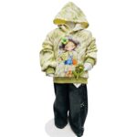 Girls Winter Hoodie & Denim Jeans Set – Light Green Cartoon Print