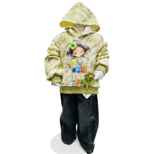 Girls Winter Hoodie & Denim Jeans Set – Light Green Cartoon Print