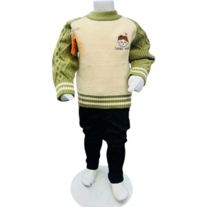 Boys Knitted Winter Sweater & Trouser Set – Cream & Olive Green