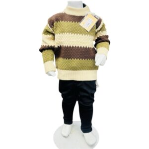 Boys Textured Knitted Winter Sweater & Trouser Set – Olive Green & Brown