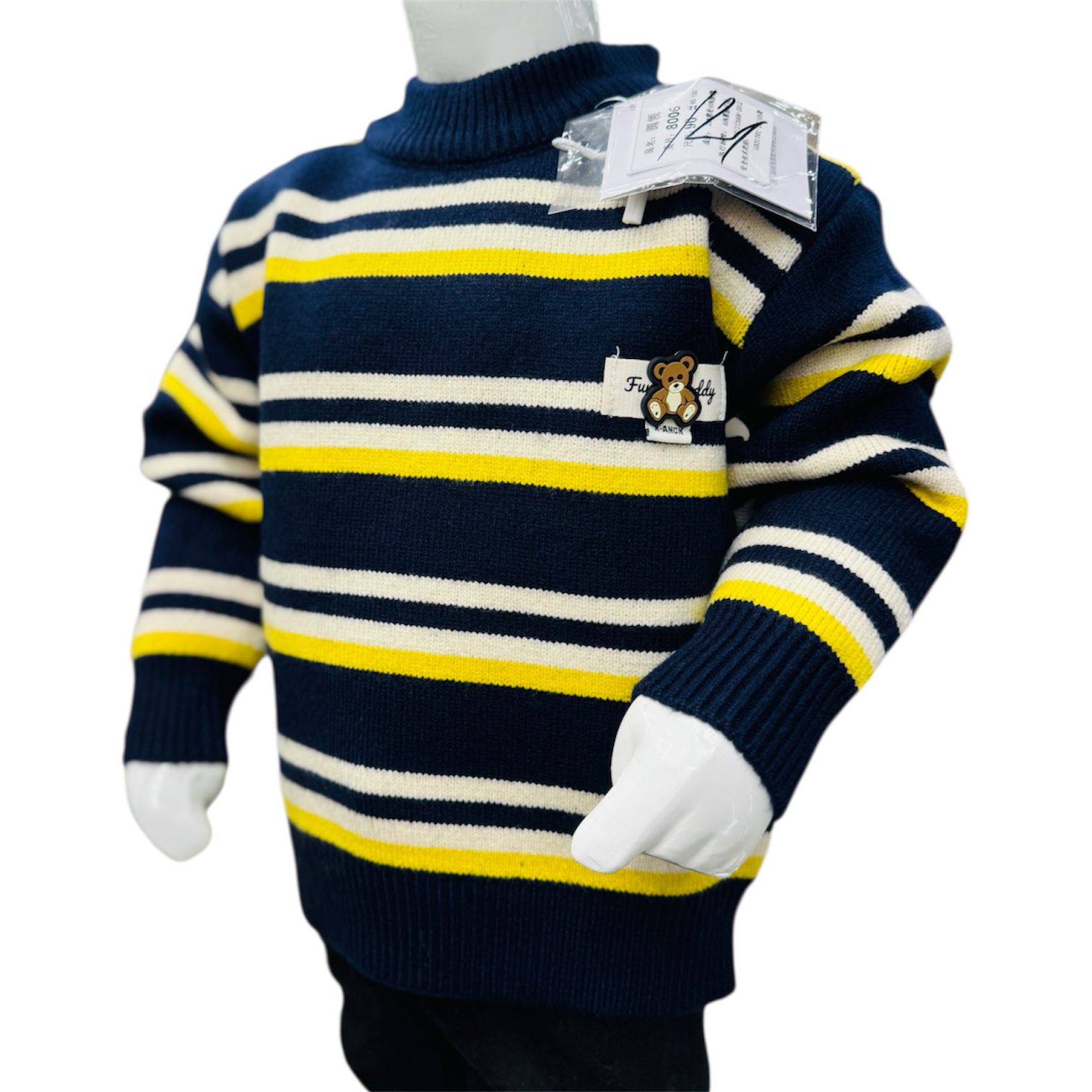 Boys Striped Knitted Winter Sweater & Trouser Set – Navy Blue & Yellow - Image 4