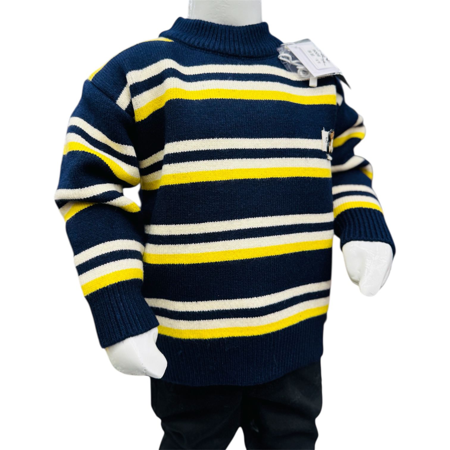 Boys Striped Knitted Winter Sweater & Trouser Set – Navy Blue & Yellow - Image 3