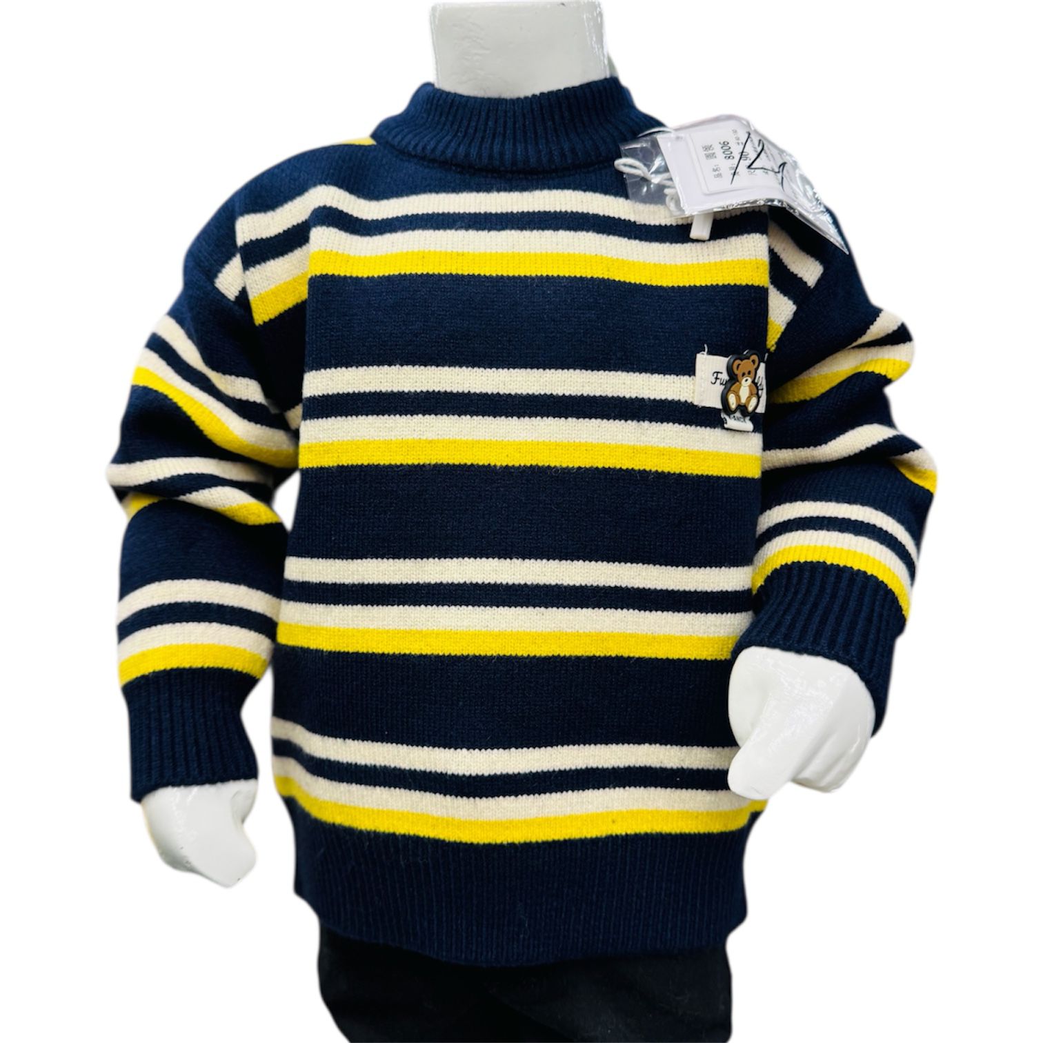 Boys Striped Knitted Winter Sweater & Trouser Set – Navy Blue & Yellow - Image 2