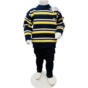Boys Striped Knitted Winter Sweater & Trouser Set – Navy Blue & Yellow