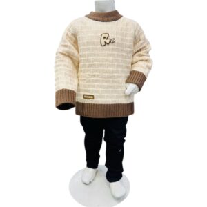 Boys Textured Knit Sweater with Black Pants Set – Cream & Brown