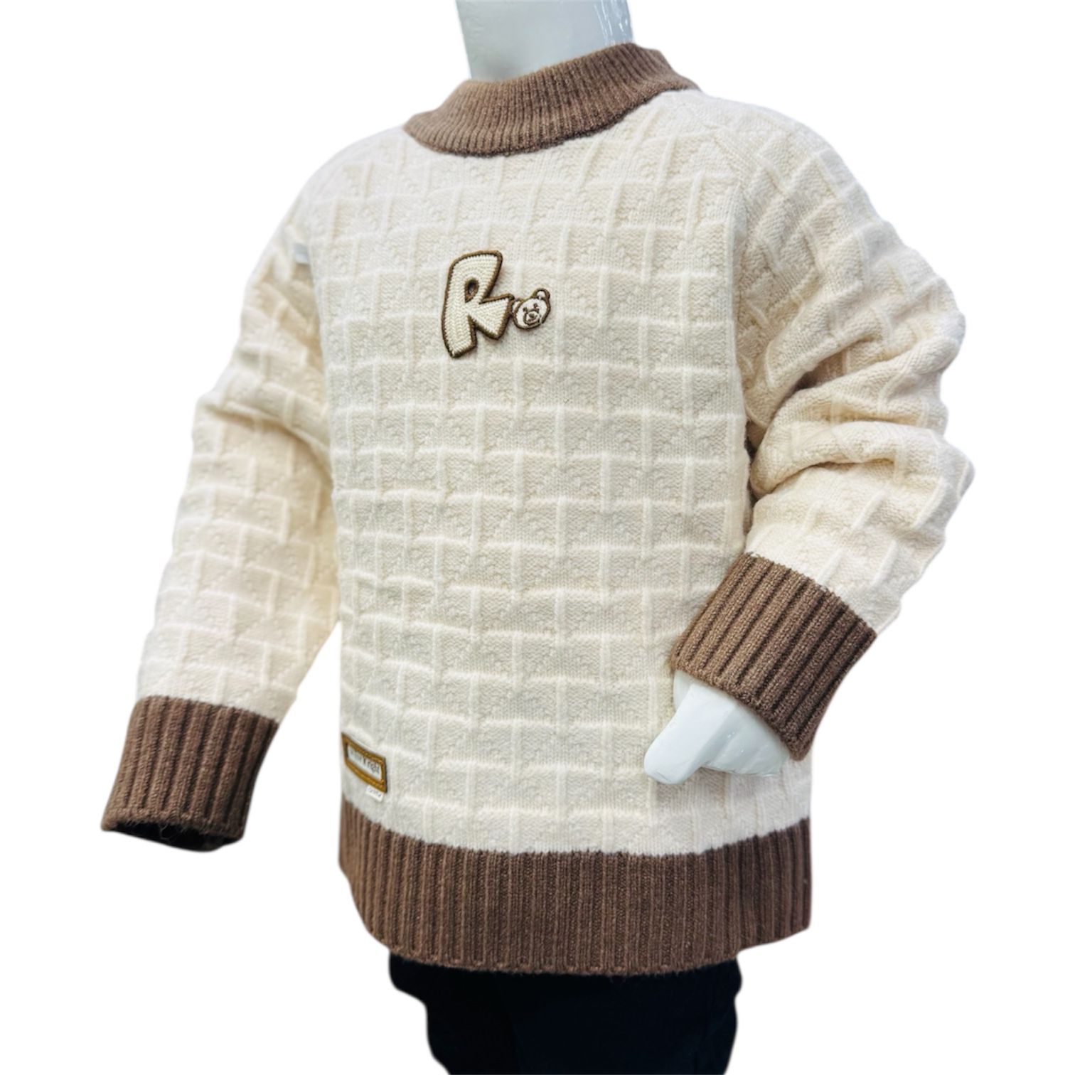 Boys Textured Knit Sweater with Black Pants Set – Cream & Brown - Image 4