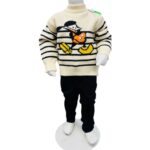 Boys Cartoon Knit Sweater with Black Pants Set – Cream & Black