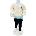 Boys Textured Knit Sweater with Black Pants Set – Cream & Sky Blue