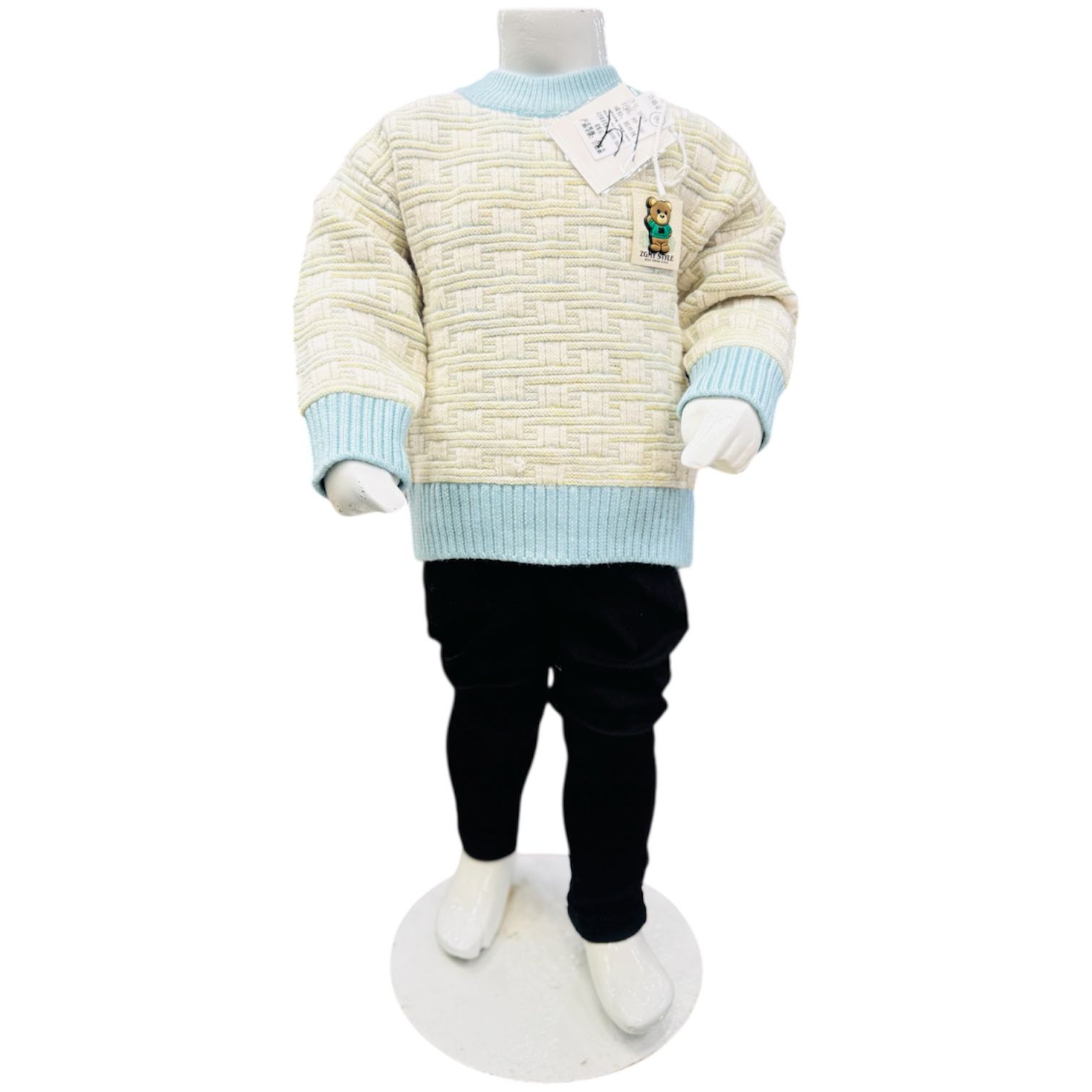 Boys Textured Knit Sweater with Black Pants Set – Cream & Sky Blue