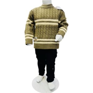 Boys Cable Knit Sweater with Black Pants Set – Olive Green